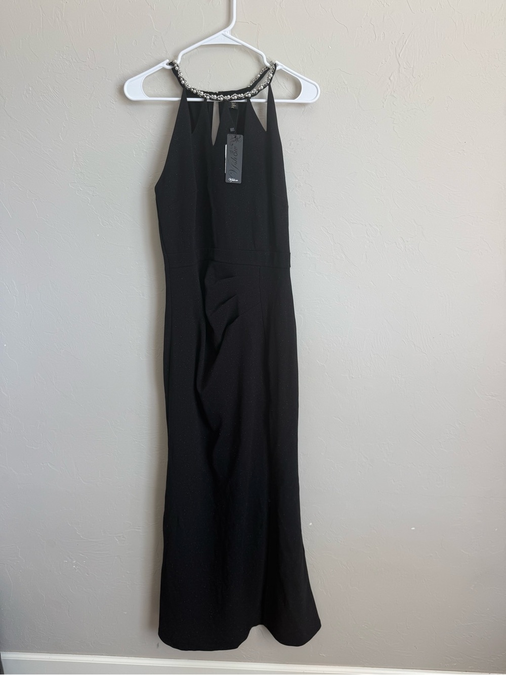 Black sparkly Halter Evening Gown with adjustable slit and cutout neckline